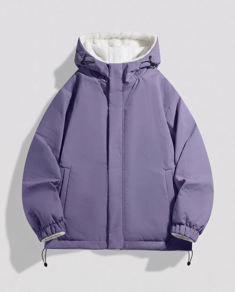 Unisex gepolsterter Hoodie mit Teddy-Fleece-Futter, verdecktem Frontverschluss und verstellbarem Saum