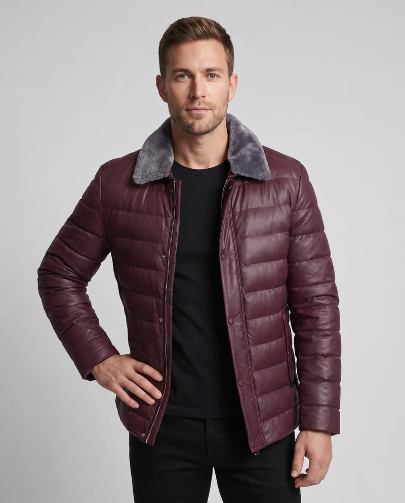 Herren gepolsterte Steppjacke mit Teddykragen und elegantem Lederlook