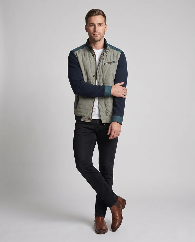 Herren Hybrid Steppjacke mit gestrickten Ärmeln und Stehkragen