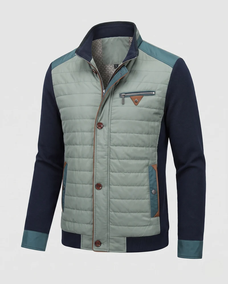 Herren Hybrid Steppjacke mit gestrickten Ärmeln und Stehkragen
