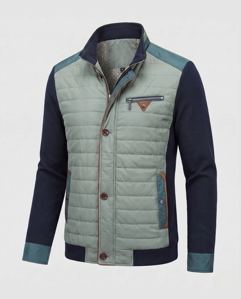 Herren Hybrid Steppjacke mit gestrickten Ärmeln und Stehkragen