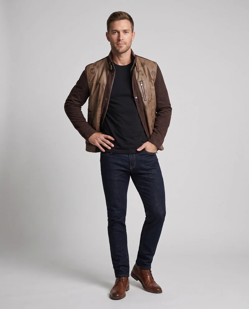 Herren hybride Übergangsjacke mit Stehkragen, Kunstleder-Frontpaneelen und gestrickten Ärmeln