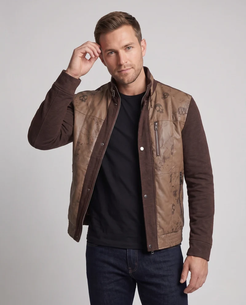 Herren hybride Übergangsjacke mit Stehkragen, Kunstleder-Frontpaneelen und gestrickten Ärmeln