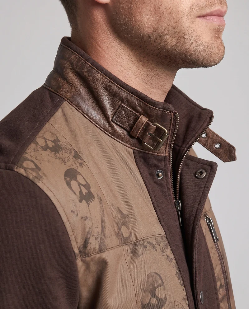 Herren hybride Übergangsjacke mit Stehkragen, Kunstleder-Frontpaneelen und gestrickten Ärmeln