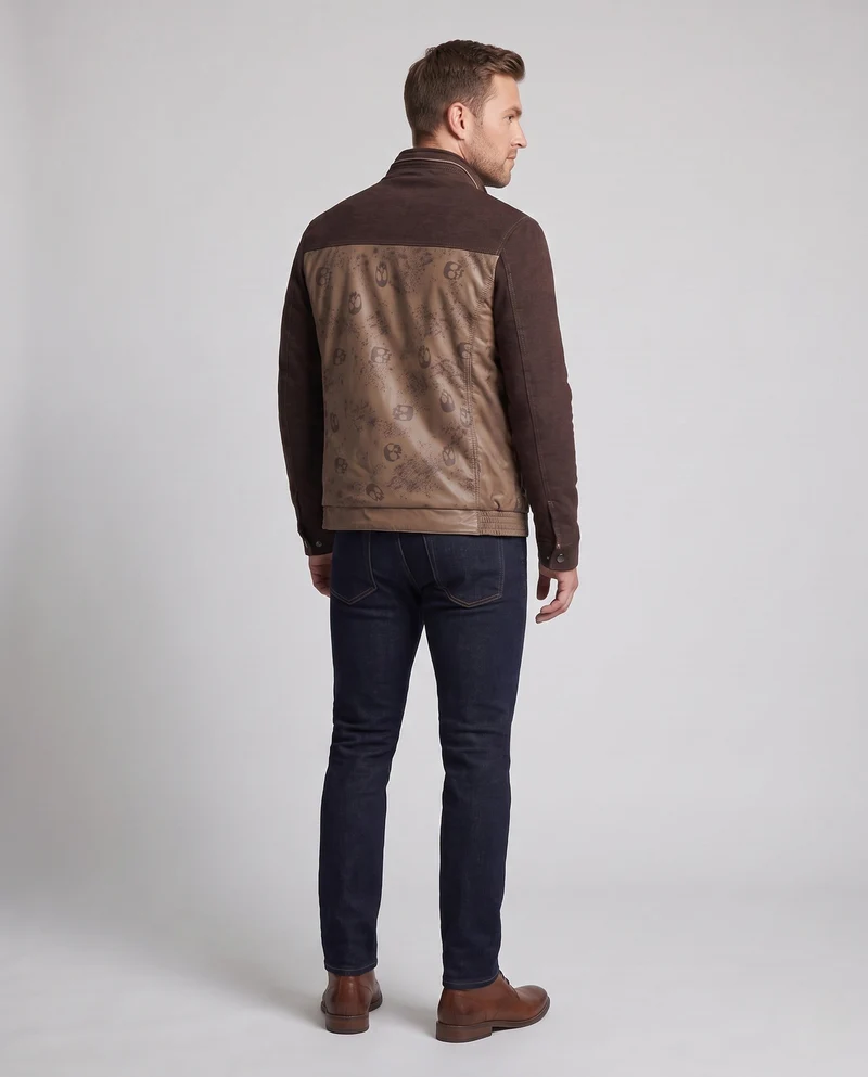 Herren hybride Übergangsjacke mit Stehkragen, Kunstleder-Frontpaneelen und gestrickten Ärmeln