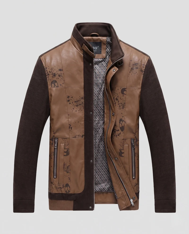 Herren hybride Übergangsjacke mit Stehkragen, Kunstleder-Frontpaneelen und gestrickten Ärmeln