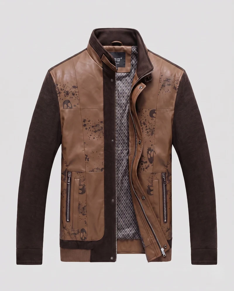 Herren hybride Übergangsjacke mit Stehkragen, Kunstleder-Frontpaneelen und gestrickten Ärmeln