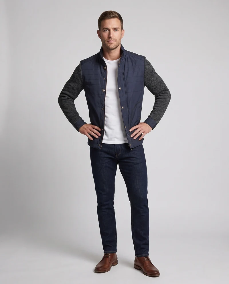 Herren Hybridjacke mit Kunstledervorderseite, gesteppte Details und gestrickten Ärmeln