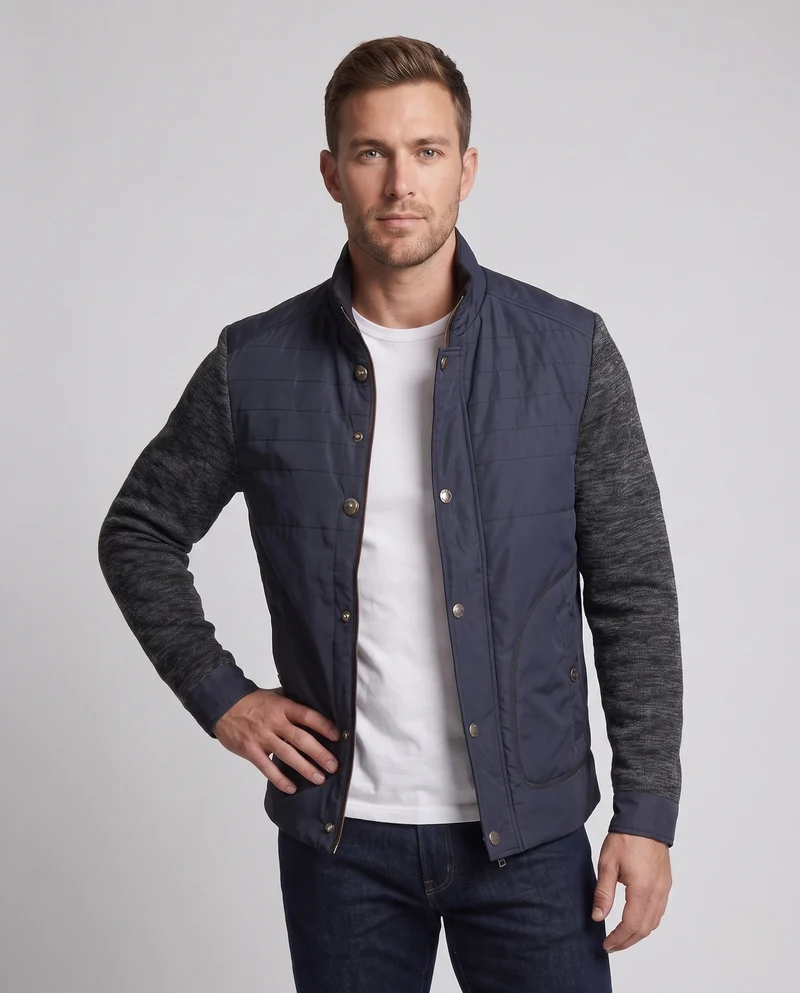 Herren Hybridjacke mit Kunstledervorderseite, gesteppte Details und gestrickten Ärmeln