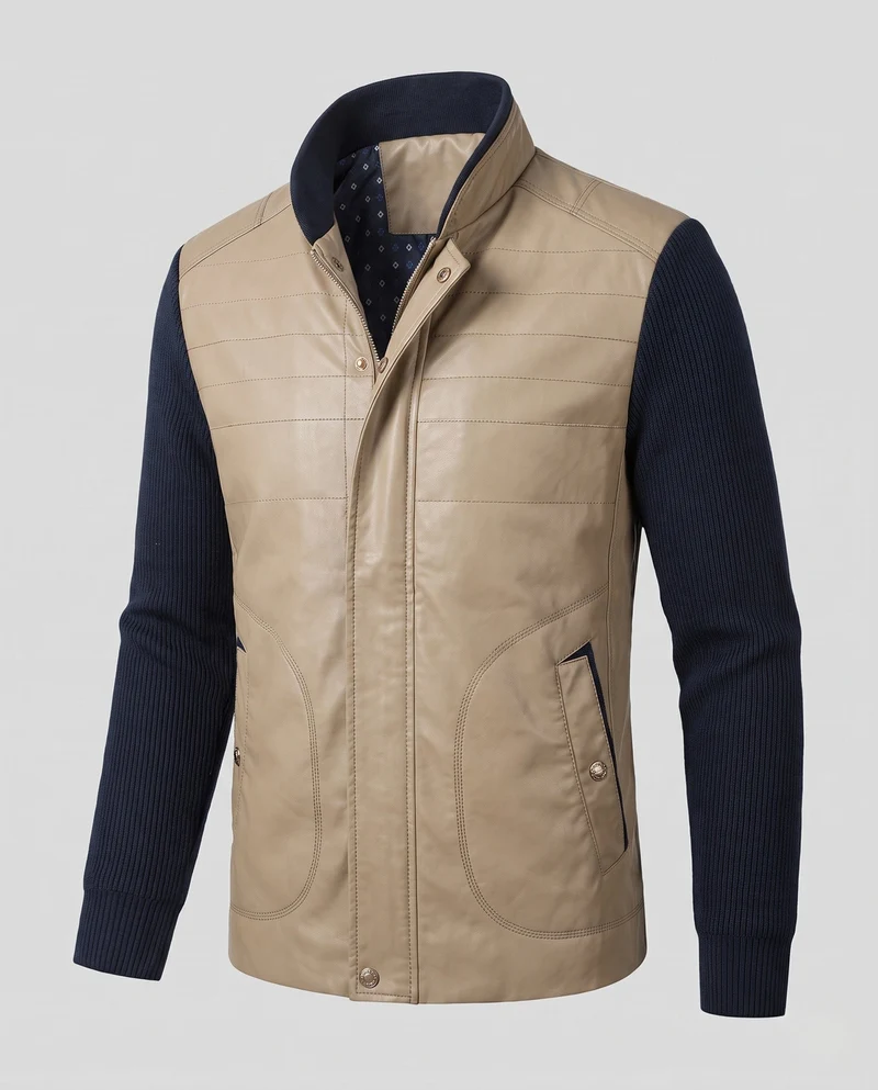 Herren Hybridjacke mit Kunstledervorderseite, gesteppte Details und gestrickten Ärmeln
