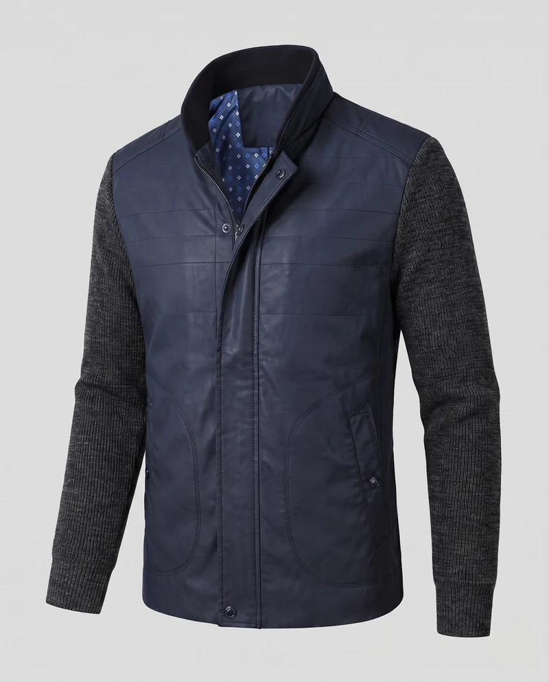 Herren Hybridjacke mit Kunstledervorderseite, gesteppte Details und gestrickten Ärmeln