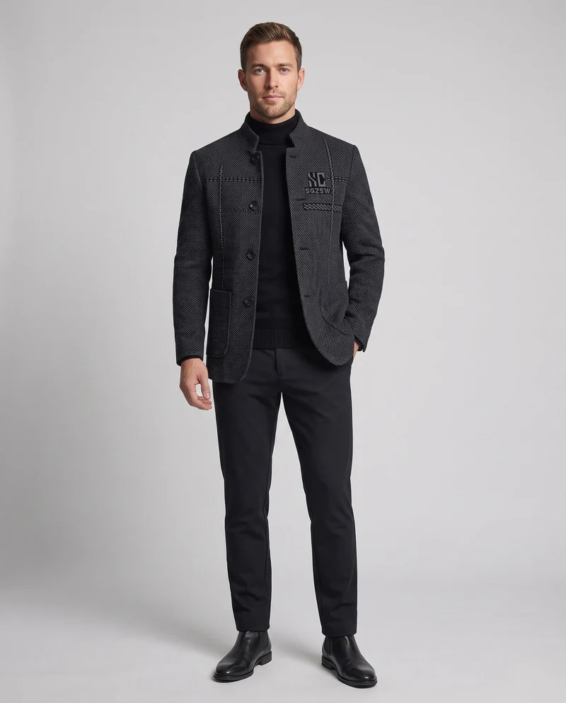 Herren Kurzer Stehkragen Wollblazer mit thermischem Teddyfutter