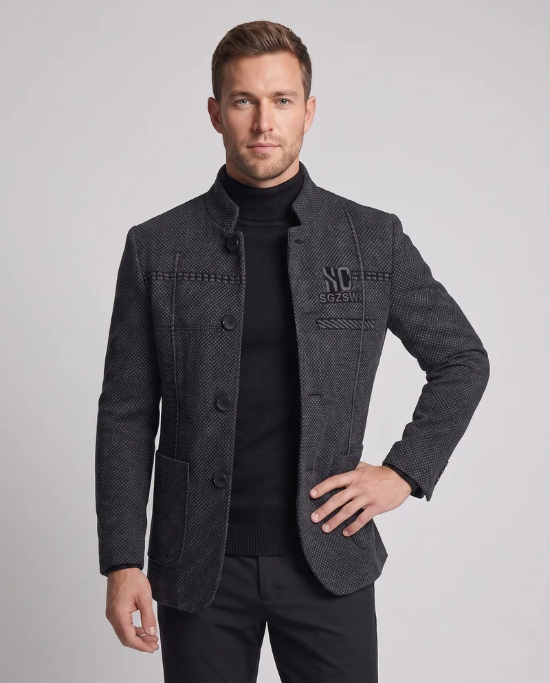 Herren Kurzer Stehkragen Wollblazer mit thermischem Teddyfutter