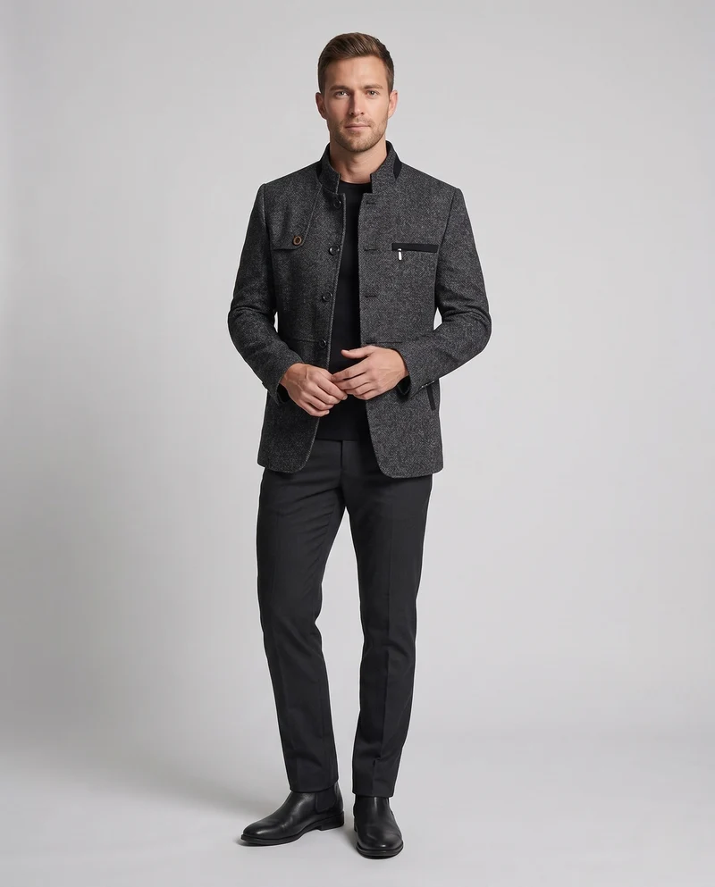 Herren Kurz Wool Blend Mantel mit wärmendem Tierdruck-Futter und Stehkragen
