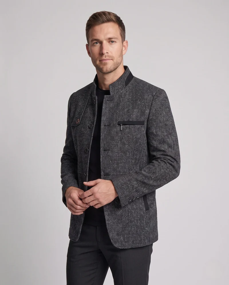 Herren Kurz Wool Blend Mantel mit wärmendem Tierdruck-Futter und Stehkragen