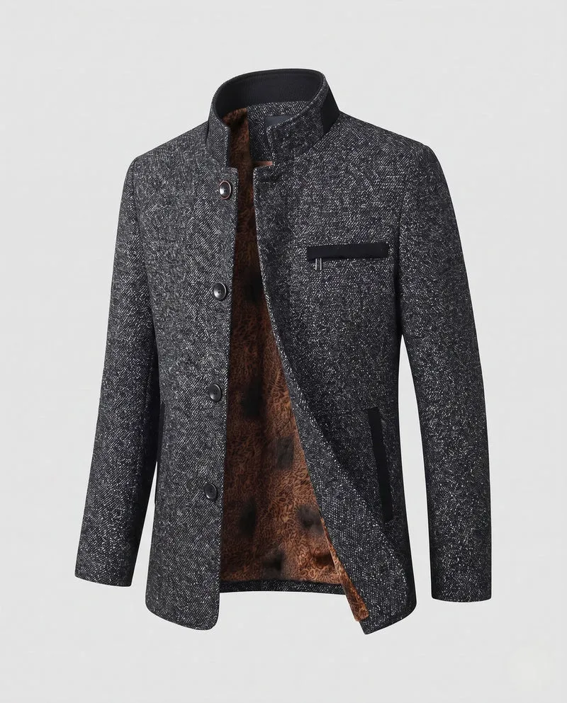 Herren Kurz Wool Blend Mantel mit wärmendem Tierdruck-Futter und Stehkragen