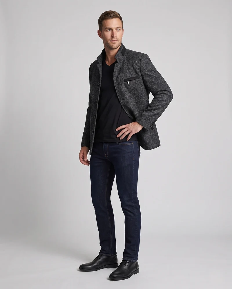 Herren Kurzjacke aus strukturiertem Wollmix mit Stehkragen und warmer Polsterung