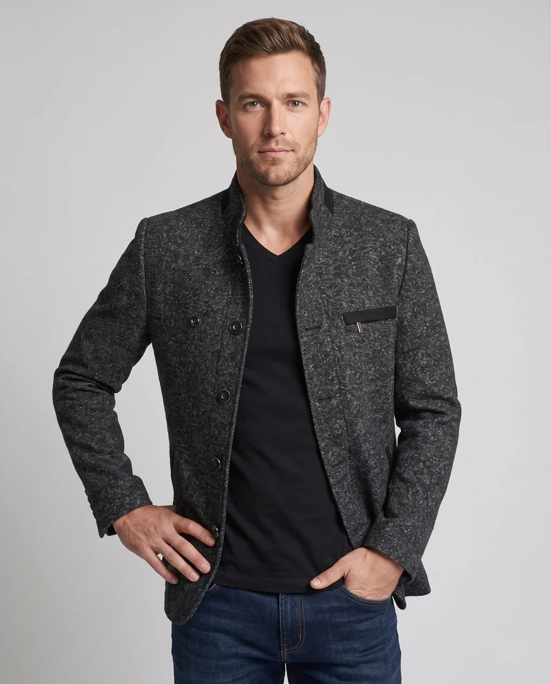 Herren Kurzjacke aus strukturiertem Wollmix mit Stehkragen und warmer Polsterung