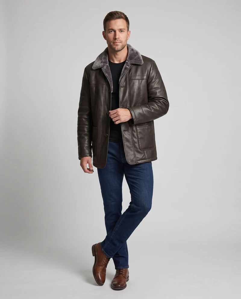 Herren Lederlook Übergangsjacke mit Stehkragen
