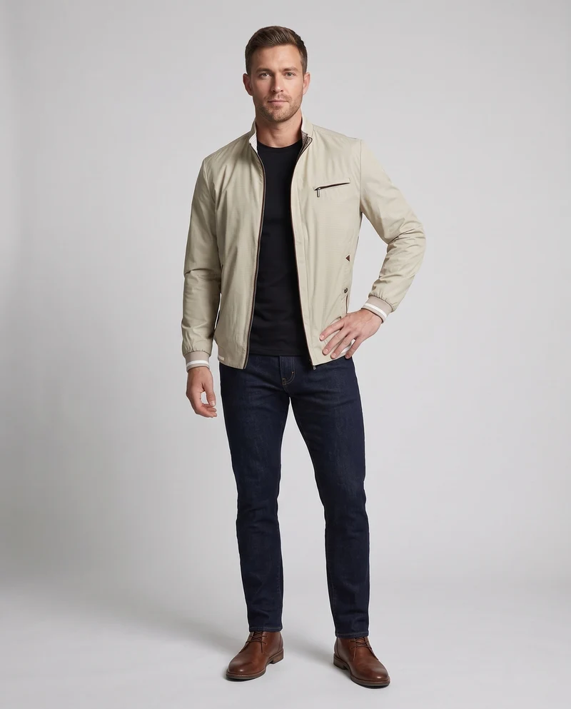 Leichte Blousonjacke für Herren mit Stehkragen, Reißverschlusstaschen auf der Brust und elastischen Bündchen