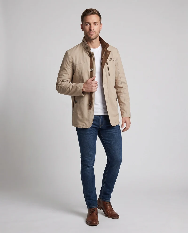 Leichte Übergangsjacke für Herren aus Canvas mit Stehkragen und Brustreißverschluss
