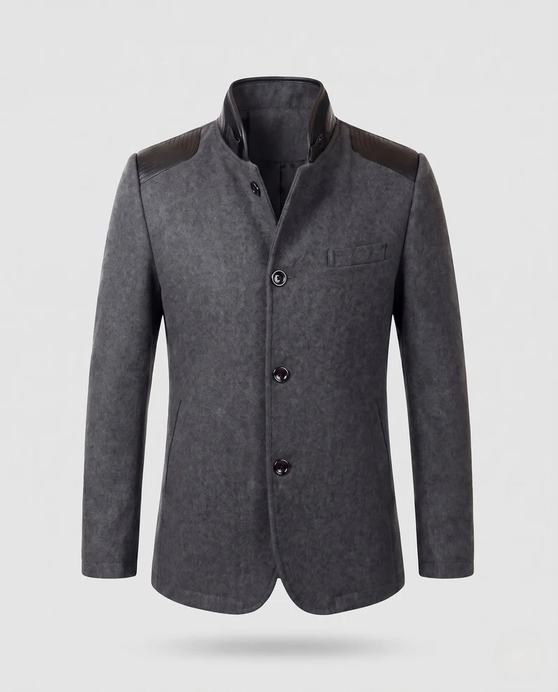 Herrenmanteljacke mit Stehkragen aus Wollmischung mit Kunstleder-Schulterpatches