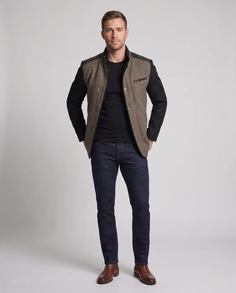Herrenmanteljacke mit Stehkragen, doppelter Verschluss und strukturiertem Materialmix