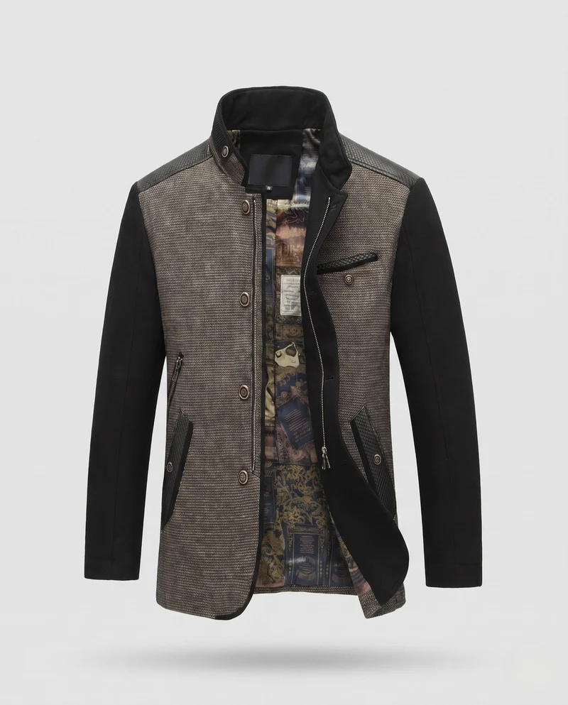 Herrenmanteljacke mit Stehkragen, doppelter Verschluss und strukturiertem Materialmix