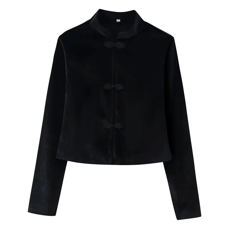 Damen Kurze Jacke im Mandarin‑Stil mit Stehkragen und dekorativen Froschverschlüssen Drune