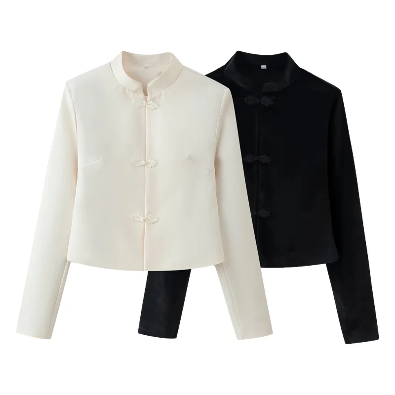 Damen Kurze Jacke im Mandarin‑Stil mit Stehkragen und dekorativen Froschverschlüssen Drune