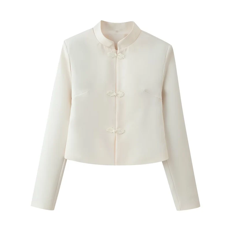 Damen Kurze Jacke im Mandarin‑Stil mit Stehkragen und dekorativen Froschverschlüssen Drune