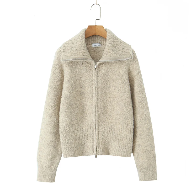 Damen kurze gezippte Strickjacke mit Stehkragen und Rippenbund Drune