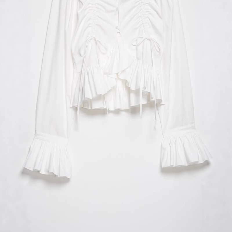 Damen Kurze geraffte Bluse mit Kordelzug, Rüschen und Ballonärmeln Drune