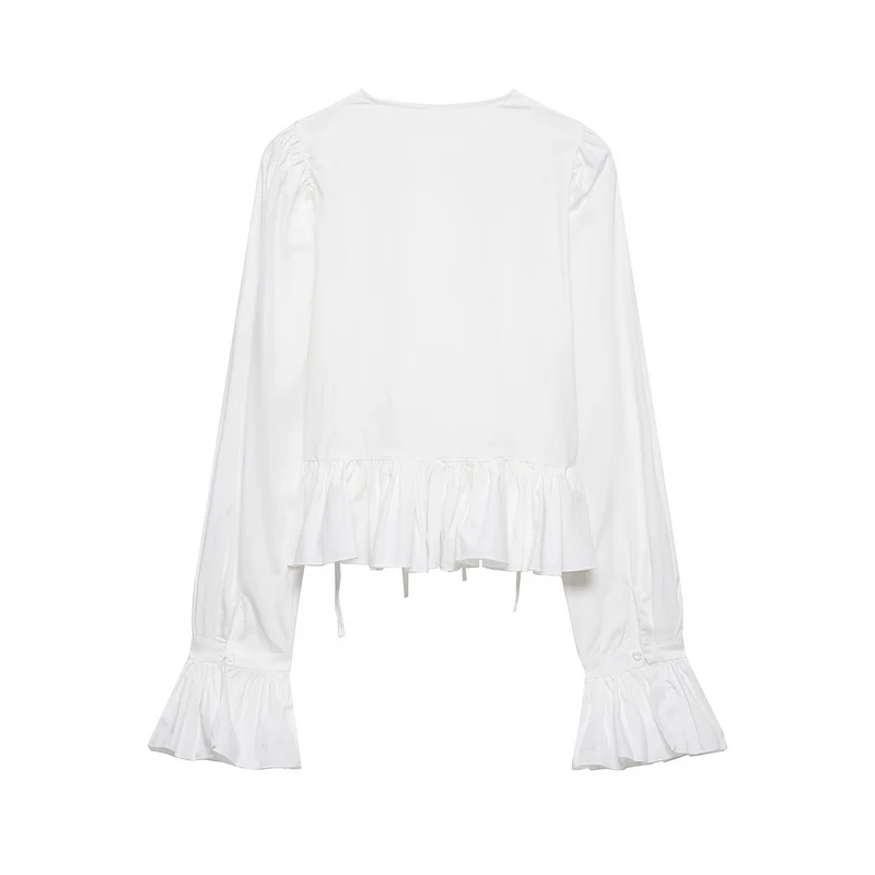 Damen Kurze geraffte Bluse mit Kordelzug, Rüschen und Ballonärmeln Drune