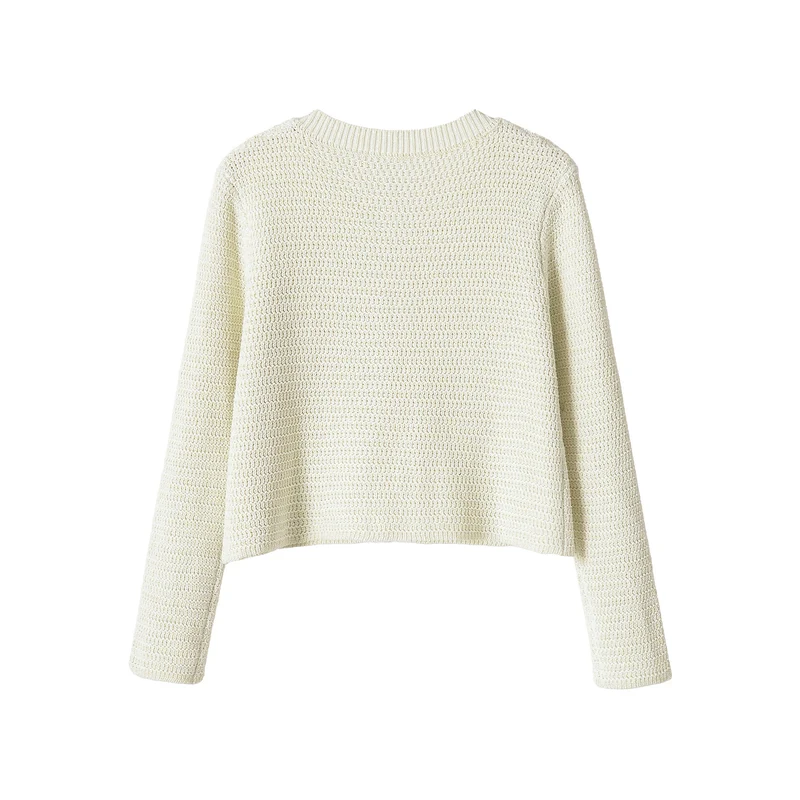 Damen Kurze gehäkelte Boxy-Strickjacke mit dekorativem Schmuckverschluss Drune