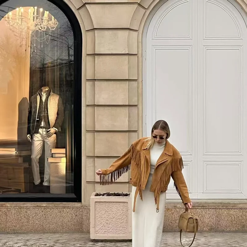 Damen Kurze Fransenjacke im Wildlederlook mit Taillengürtel Drune