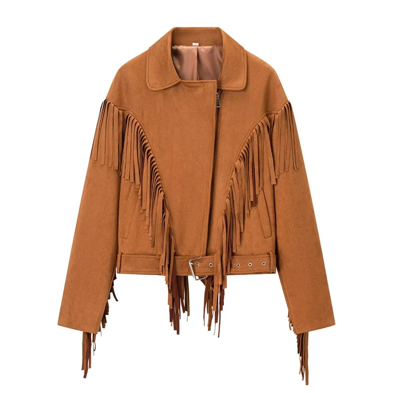 Damen Kurze Fransenjacke im Wildlederlook mit Taillengürtel Drune