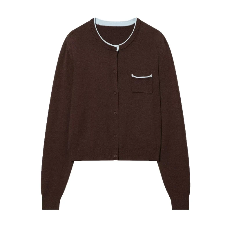 Damen Kurze Feinstrick-Cardigan mit Rundhals, Brusttasche und Rippbündchen Drune