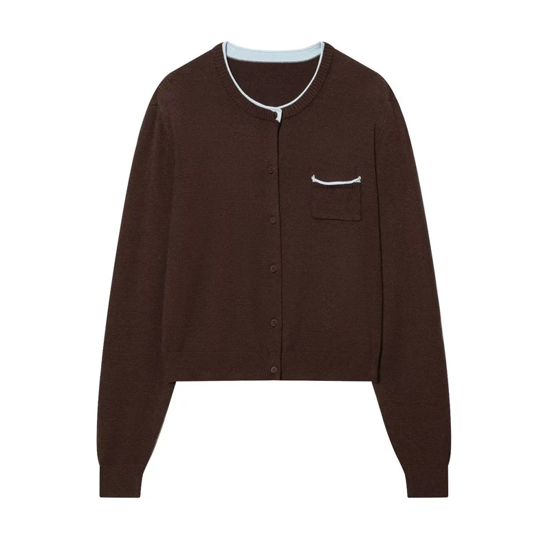 Damen Kurze Feinstrick-Cardigan mit Rundhals, Brusttasche und Rippbündchen Drune