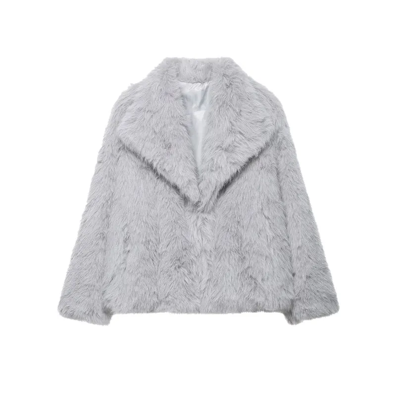Damen Kurze Faux‑Fur Jacke mit Schalkragen und Boxy‑Schnitt Drune