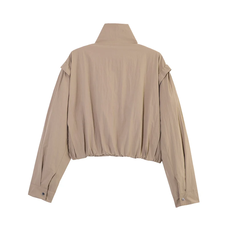 Damen Kurze Cropped-Übergangsjacke mit Stehkragen, geraffter Schulterpasse und Ballonärmeln Drune