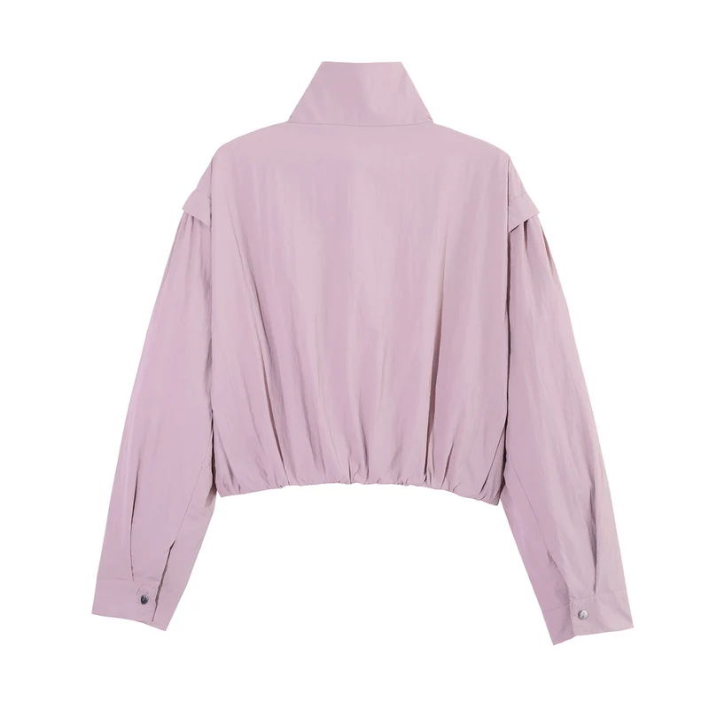 Damen Kurze Cropped-Übergangsjacke mit Stehkragen, geraffter Schulterpasse und Ballonärmeln Drune
