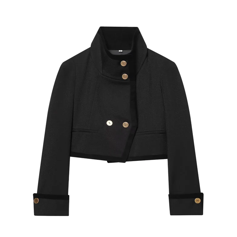 Damen Kurze Cropped-Boxy-Jacke mit hohem Stehkragen und dekorativen Metallknöpfen Drune