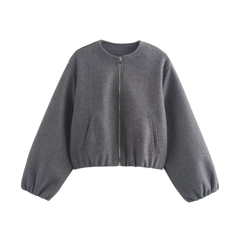 Damen Kurze Cropped-Bomberjacke im Velours-Suede-Look mit Rundhalsausschnitt, Reißverschluss und Ballonärmeln Drune