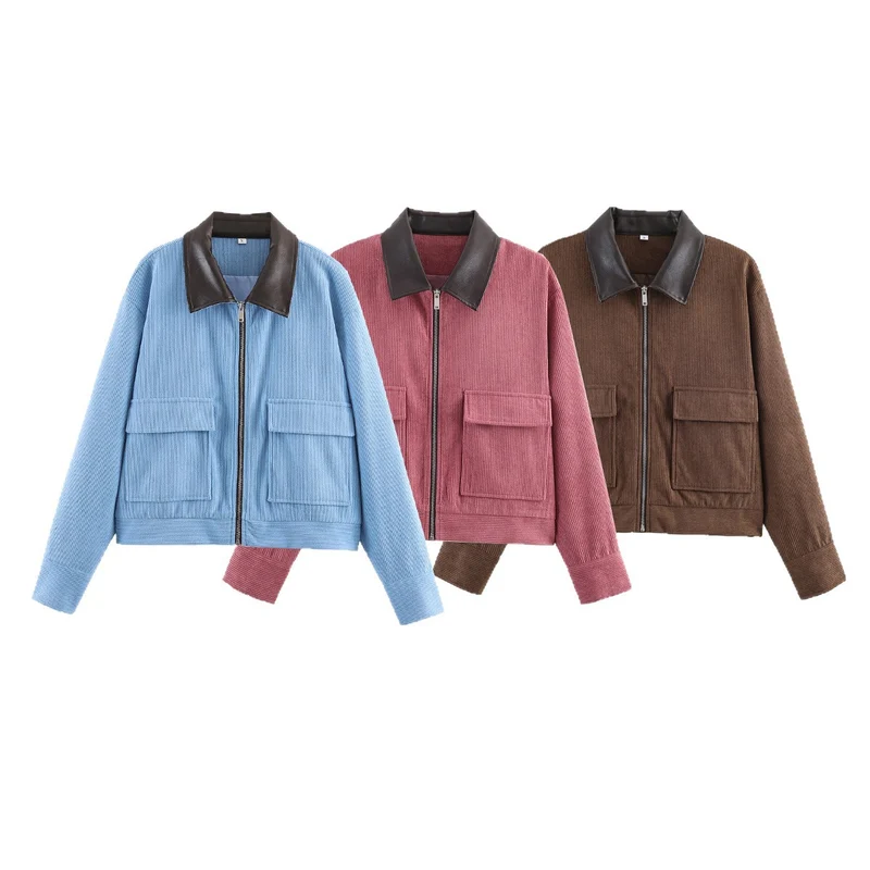 Damen Kurze Cordjacke mit Reißverschluss, großen Pattentaschen und Kunstlederkragen Drune