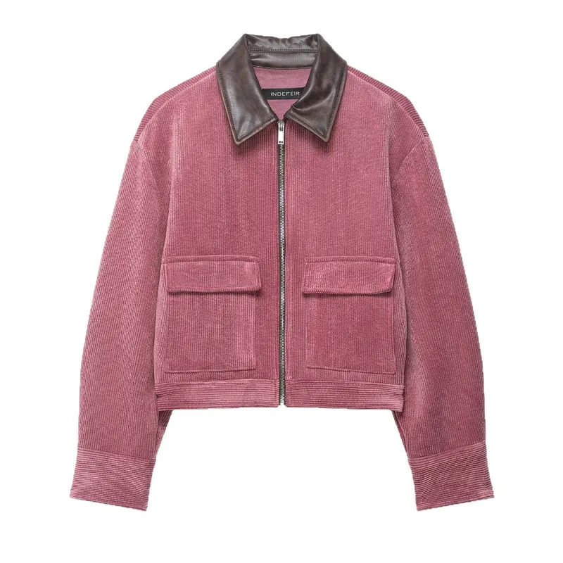 Damen Kurze Cord-Collegejacke mit Kunstlederkragen und aufgesetzten Pattentaschen Drune