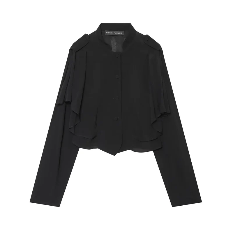 Damen Kurze Cape-Übergangsjacke mit Volantlagen und Stehkragen Drune