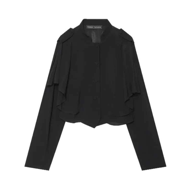 Damen Kurze Cape-Übergangsjacke mit Volantlagen und Stehkragen Drune