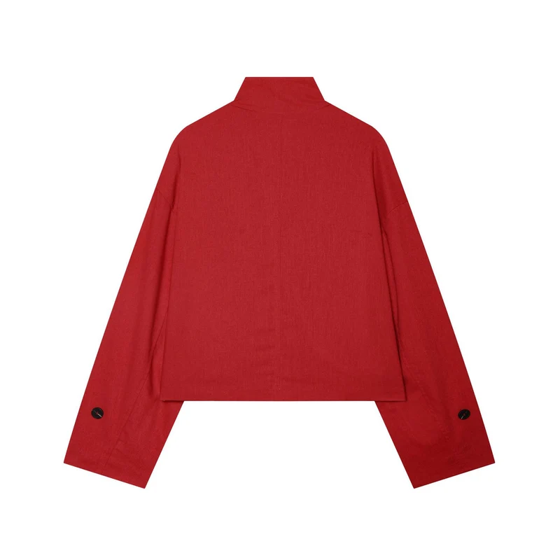 Damen Kurze Canvas-Übergangsjacke mit Funnelkragen, Schulterpatten und Pattentaschen Drune