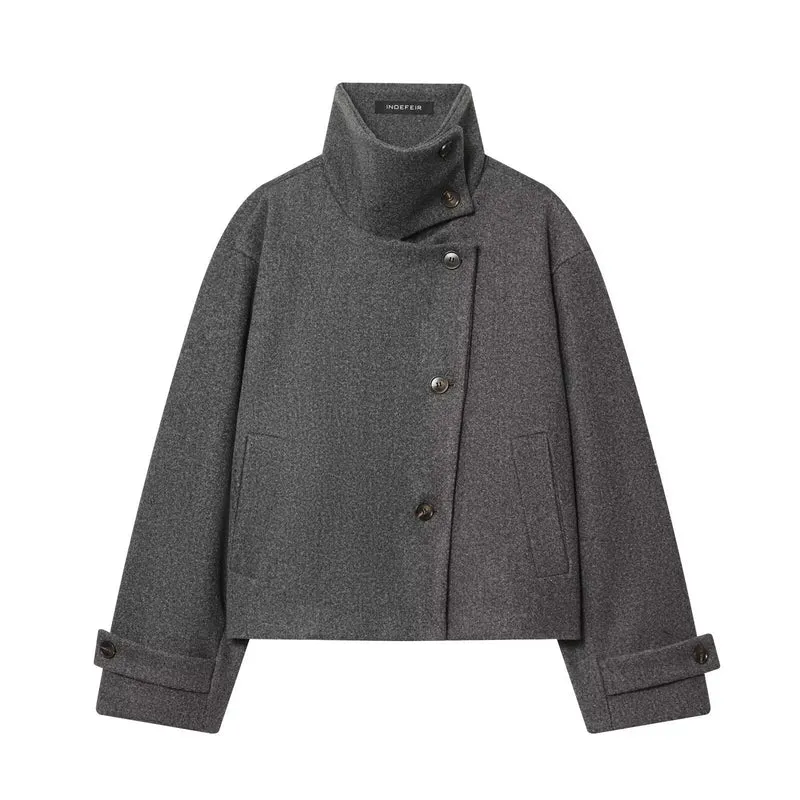 Damen Kurze Boxy-Wollmix-Jacke mit Stehkragen und aufgesetzten Pattentaschen Drune